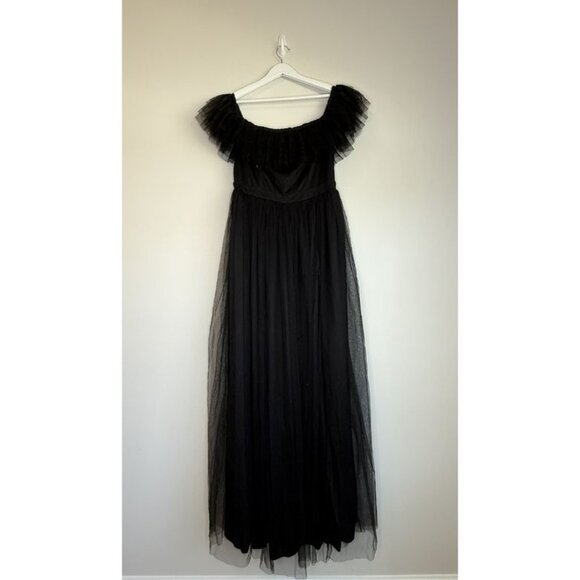 Formal Off Shoulder Black Tulle Maxi Dress - Picture 2 of 8